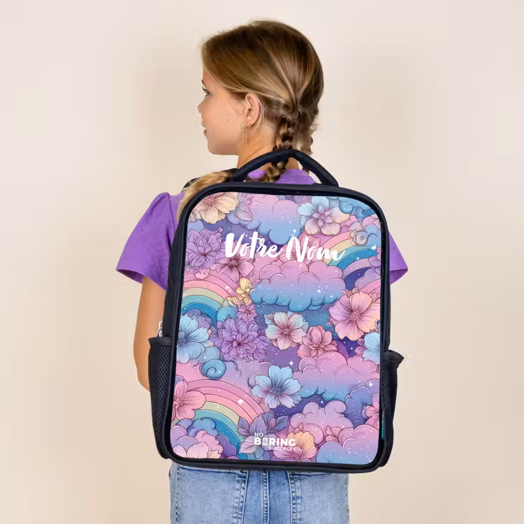 Sac à dos enfant - Noir - Illustration de nuages, d'arcs-en-ciel et de fleurs — 4