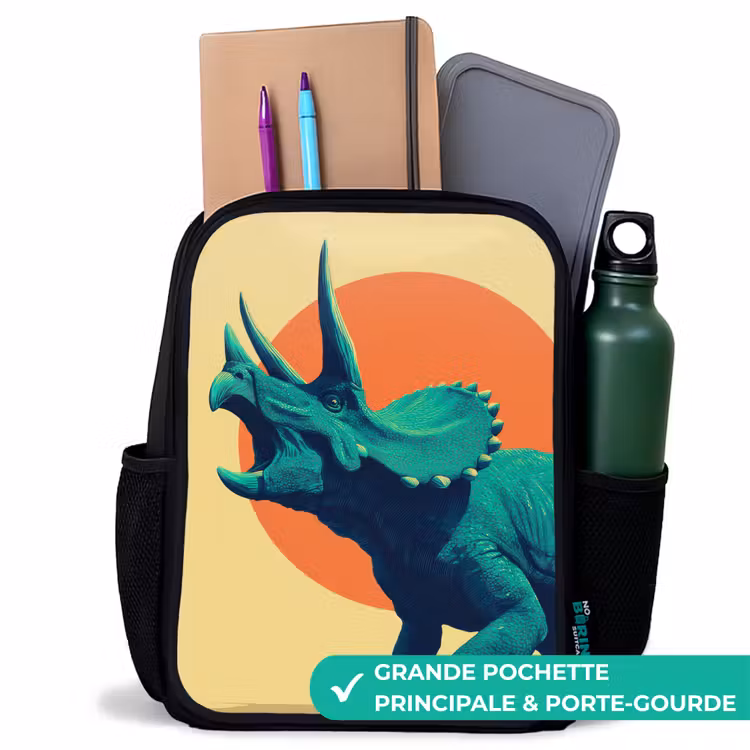 Sac à dos enfant - Noir - Triceratops - Cercle - Orange - Cornes — 10