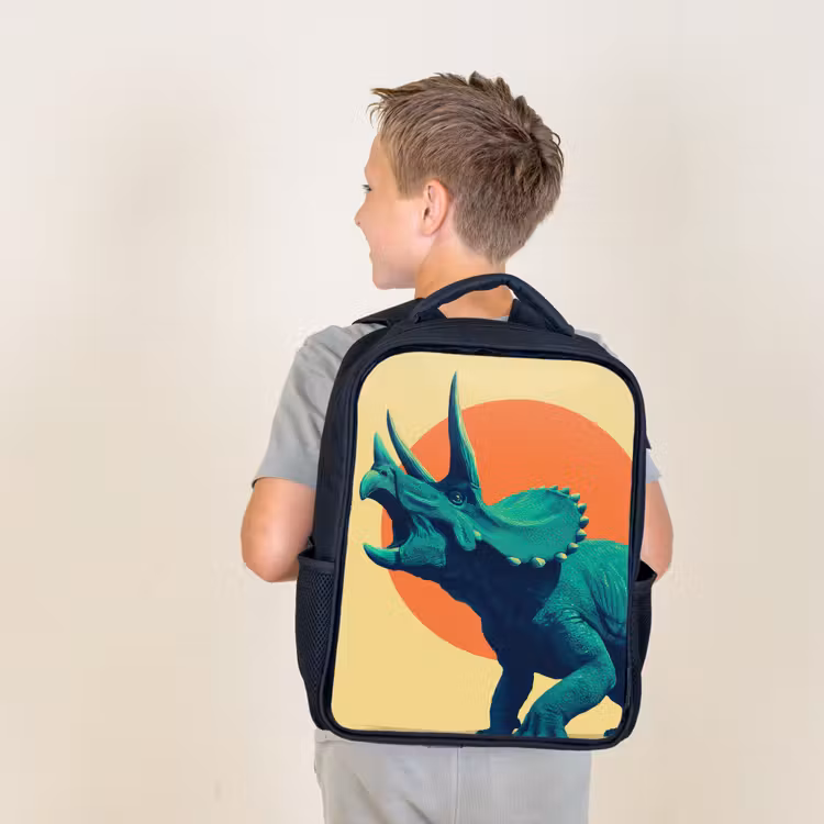 Sac à dos enfant - Noir - Triceratops - Cercle - Orange - Cornes — 2