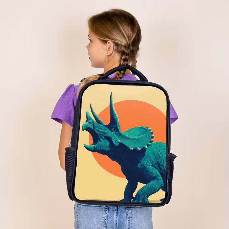 Sac à dos enfant - Noir - Triceratops - Cercle - Orange - Cornes — 4