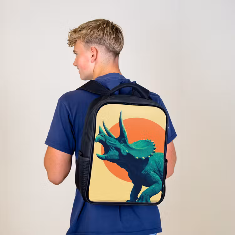 Sac à dos enfant - Noir - Triceratops - Cercle - Orange - Cornes — 5