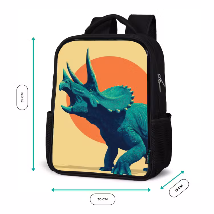 Sac à dos enfant - Noir - Triceratops - Cercle - Orange - Cornes — 8