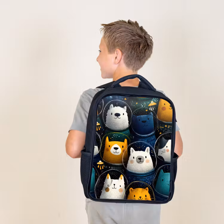 Sac à dos enfant - Noir - Animaux - Combinaisons spatiales - Étoiles — 2