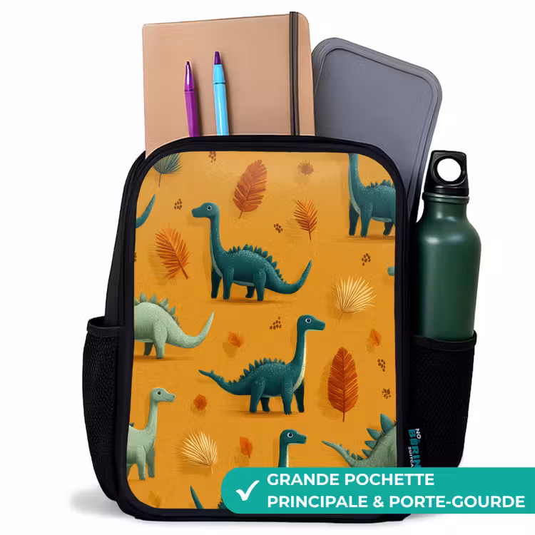Sac à dos enfant - Noir - Dinosaures - Épines - Feuilles d'automne - Marron — 10
