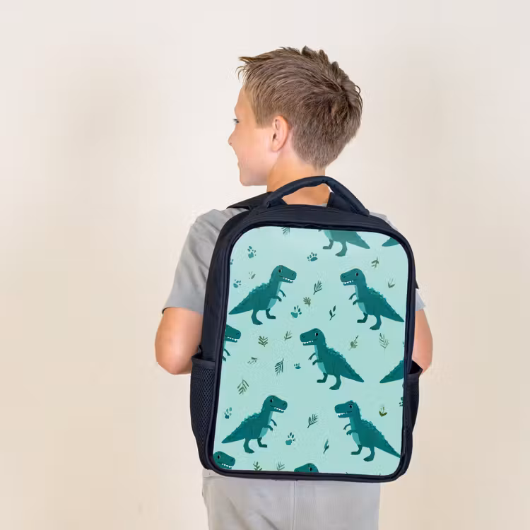 Sac à dos enfant - Noir - Vert foncé - Dinosaures - Impressions - Feuilles — 2