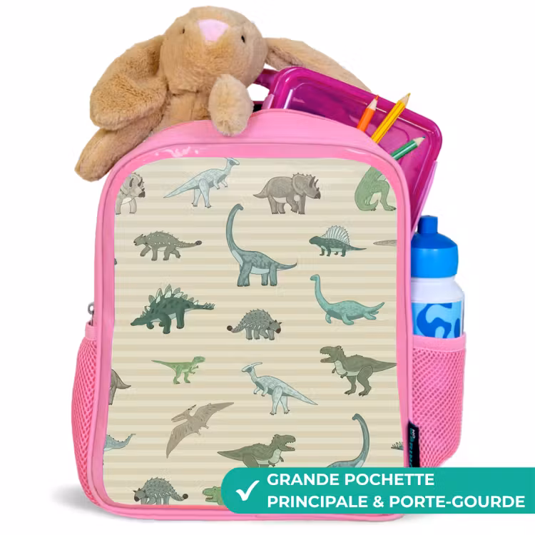 Sac à dos enfant - Rose - Dino - Motif - Rayures - Vert — 2