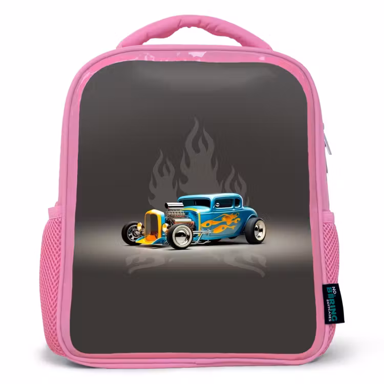 Sac à dos enfant - Rose - Voiture bleue avec flammes grises — 1