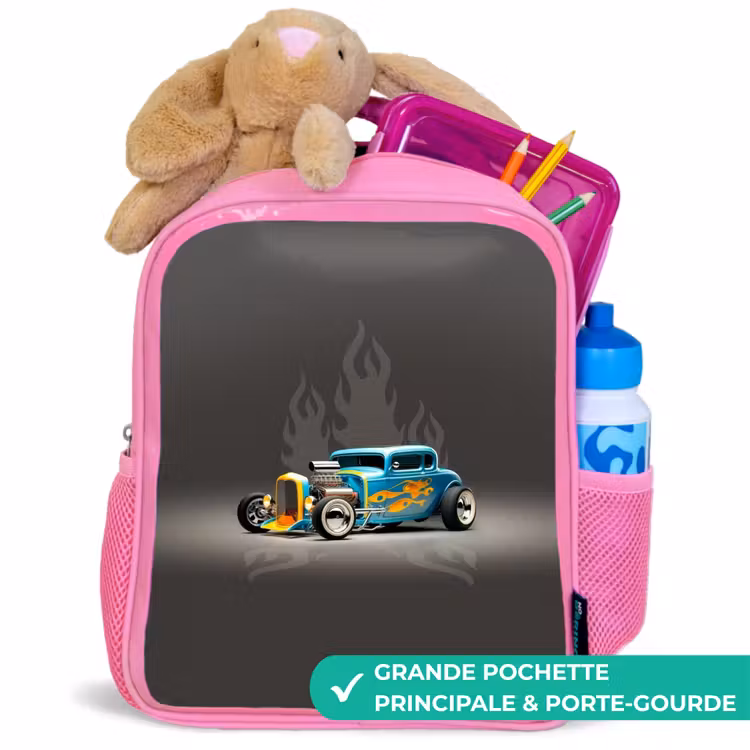Sac à dos enfant - Rose - Voiture bleue avec flammes grises — 2