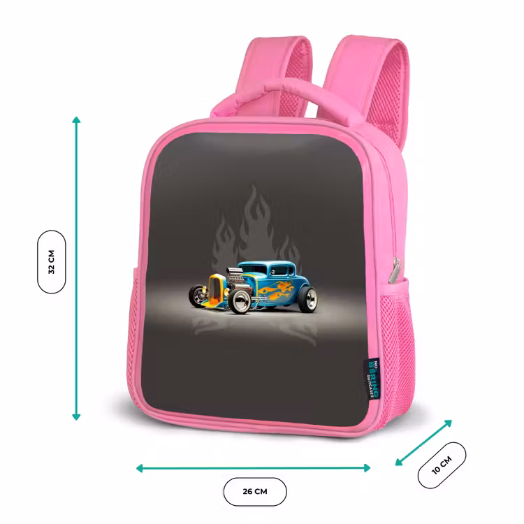 Sac à dos enfant - Rose - Voiture bleue avec flammes grises — 3