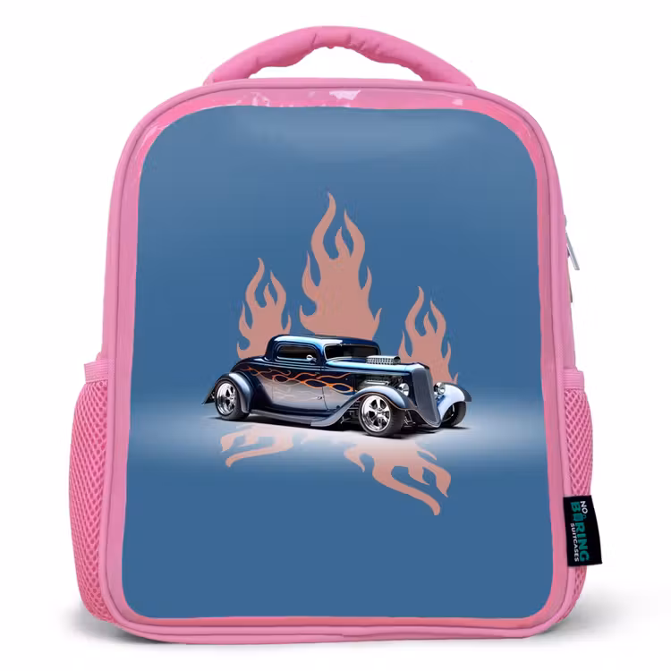 Sac à dos enfant - Rose - Voiture bleue avec flammes roses — 1