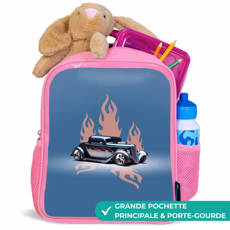 Sac à dos enfant - Rose - Voiture bleue avec flammes roses — 2