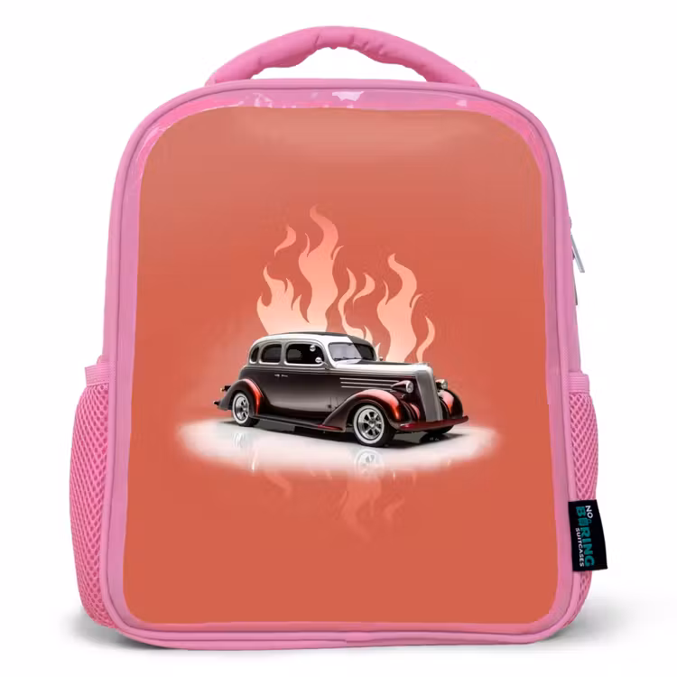 Sac à dos enfant - Rose - Voiture grise avec flammes roses — 1