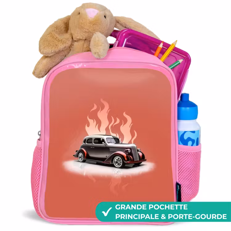 Sac à dos enfant - Rose - Voiture grise avec flammes roses — 2