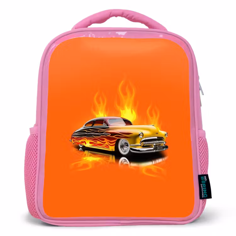 Sac à dos enfant - Rose - Voiture jaune avec flammes jaunes — 1