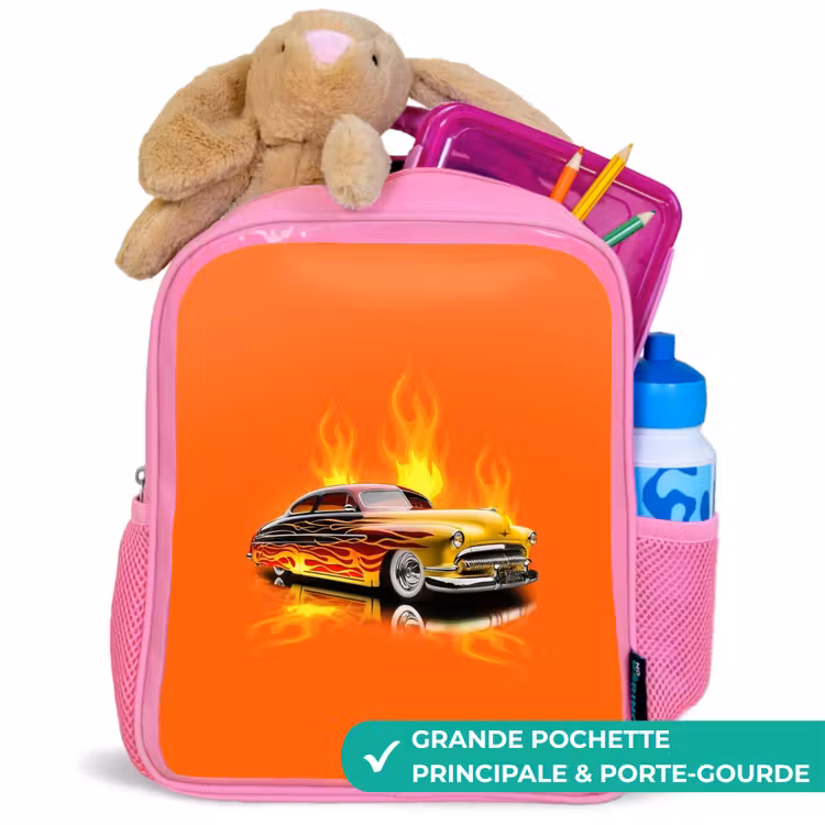 Sac à dos enfant - Rose - Voiture jaune avec flammes jaunes — 2