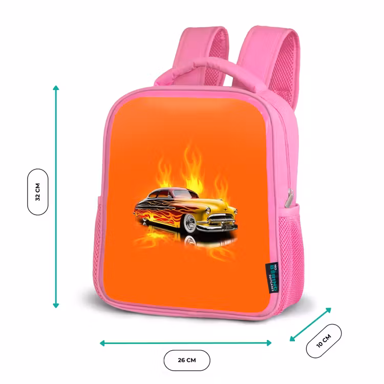 Sac à dos enfant - Rose - Voiture jaune avec flammes jaunes — 3