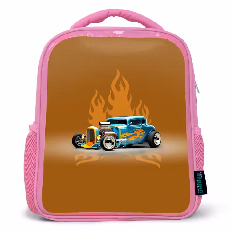 Sac à dos enfant - Rose - Voiture bleue avec flammes jaunes — 1