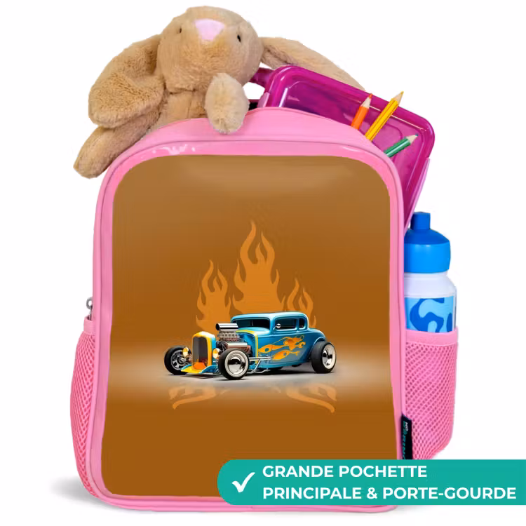 Sac à dos enfant - Rose - Voiture bleue avec flammes jaunes — 2