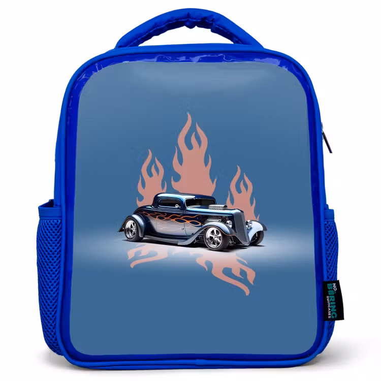 Sac à dos enfant - Bleu - Voiture bleue avec flammes roses — 1