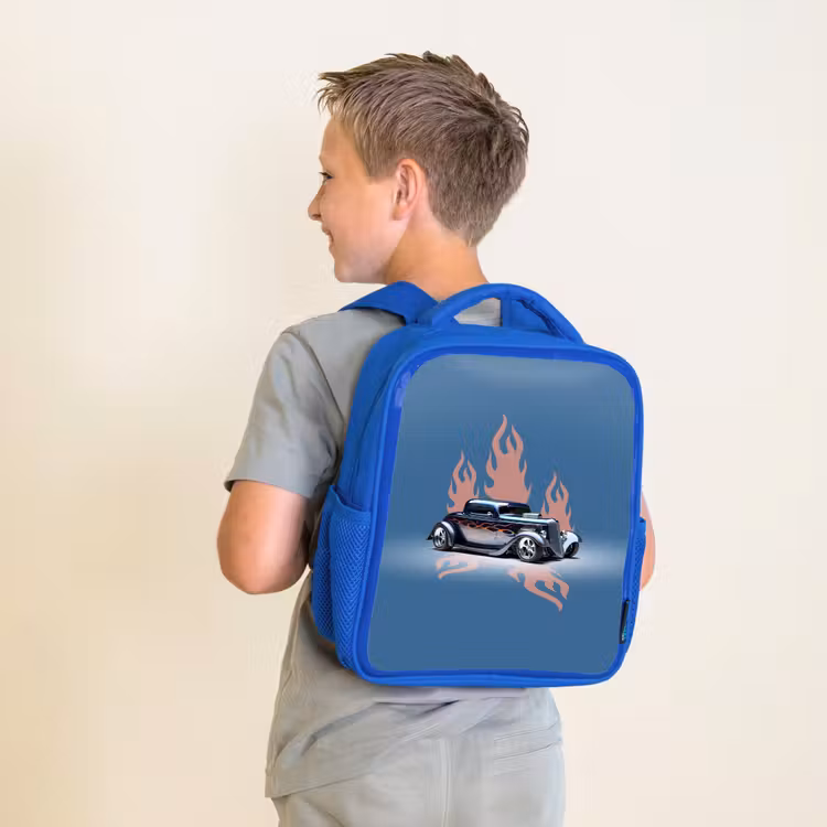 Sac à dos enfant - Bleu - Voiture bleue avec flammes roses — 2