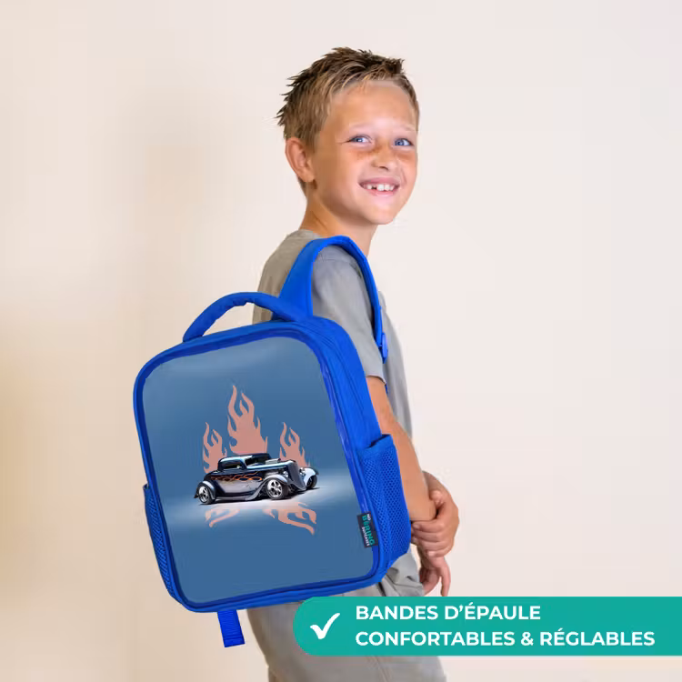 Sac à dos enfant - Bleu - Voiture bleue avec flammes roses — 4