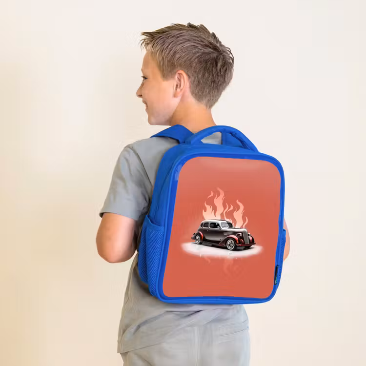 Sac à dos enfant - Bleu - Voiture grise avec flammes roses — 2