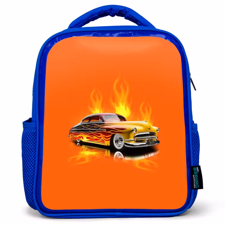 Sac à dos enfant - Bleu - Voiture jaune avec flammes jaunes — 1