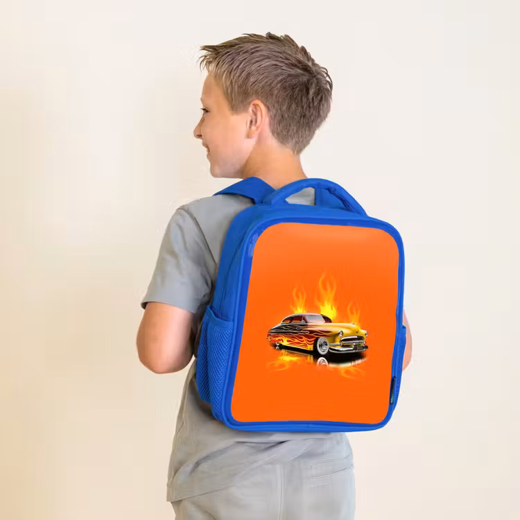 Sac à dos enfant - Bleu - Voiture jaune avec flammes jaunes — 2
