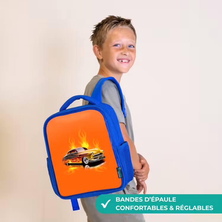 Sac à dos enfant - Bleu - Voiture jaune avec flammes jaunes — 4