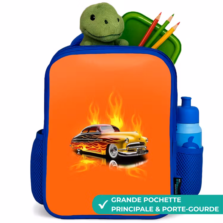 Sac à dos enfant - Bleu - Voiture jaune avec flammes jaunes — 5