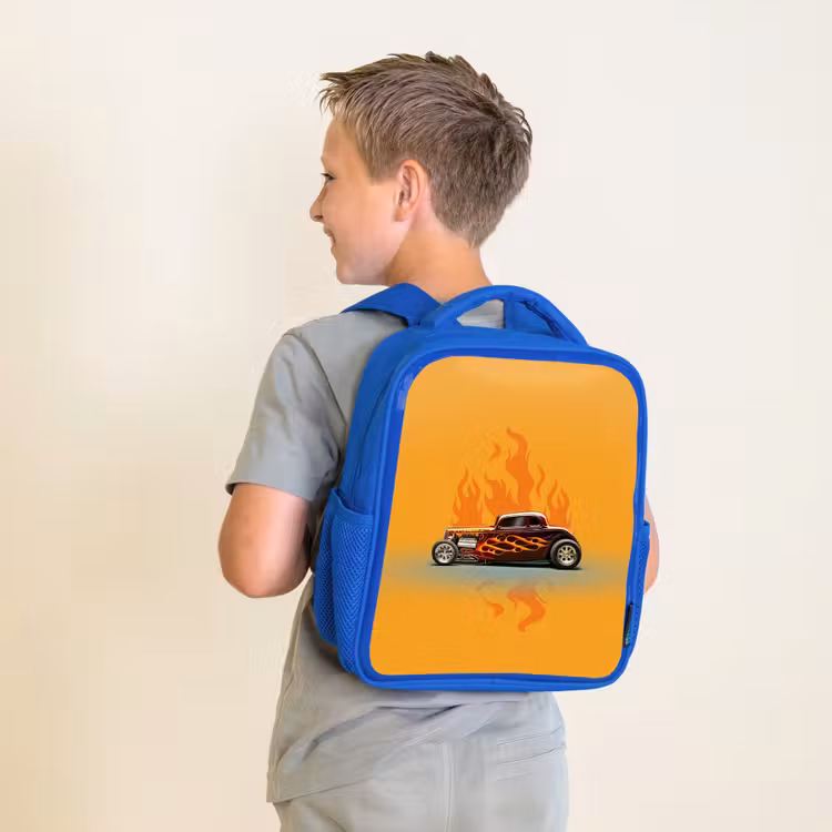 Sac à dos enfant - Bleu - Voiture marron avec flammes jaunes — 2