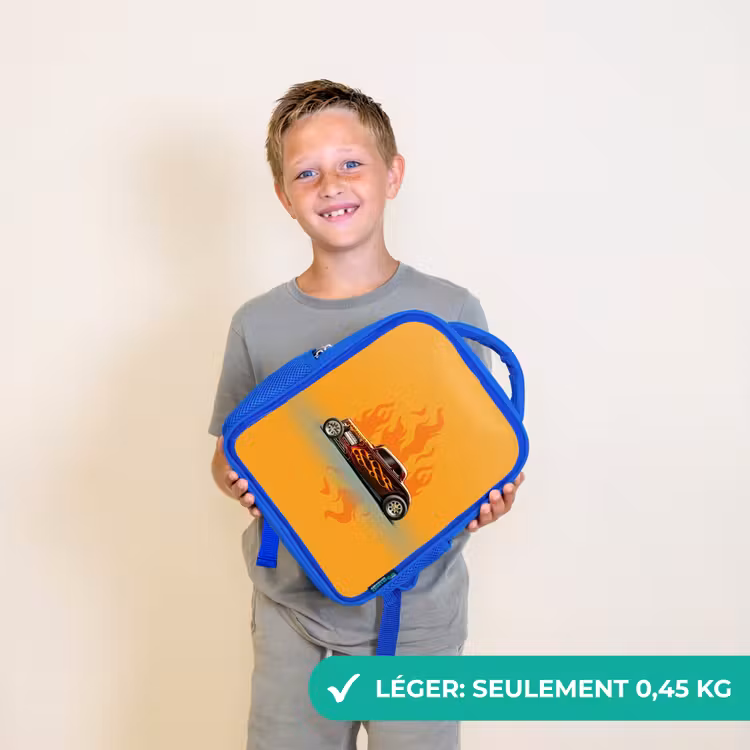 Sac à dos enfant - Bleu - Voiture marron avec flammes jaunes — 3
