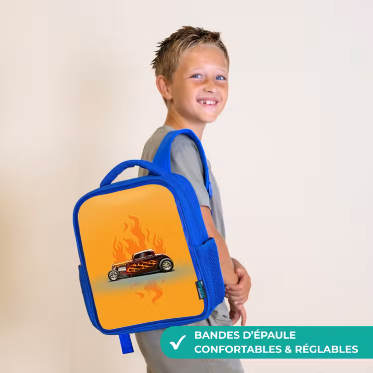 Sac à dos enfant - Bleu - Voiture marron avec flammes jaunes — 4