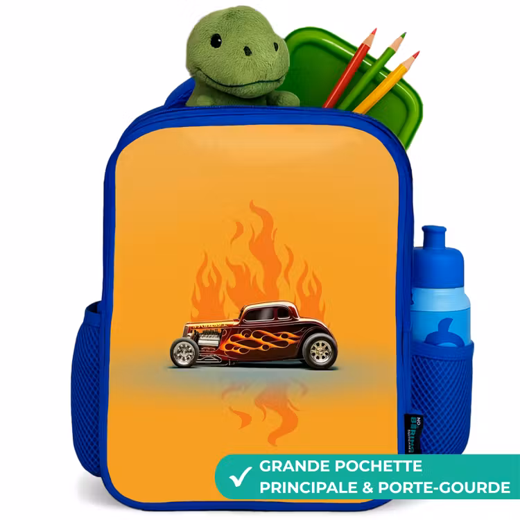 Sac à dos enfant - Bleu - Voiture marron avec flammes jaunes — 5
