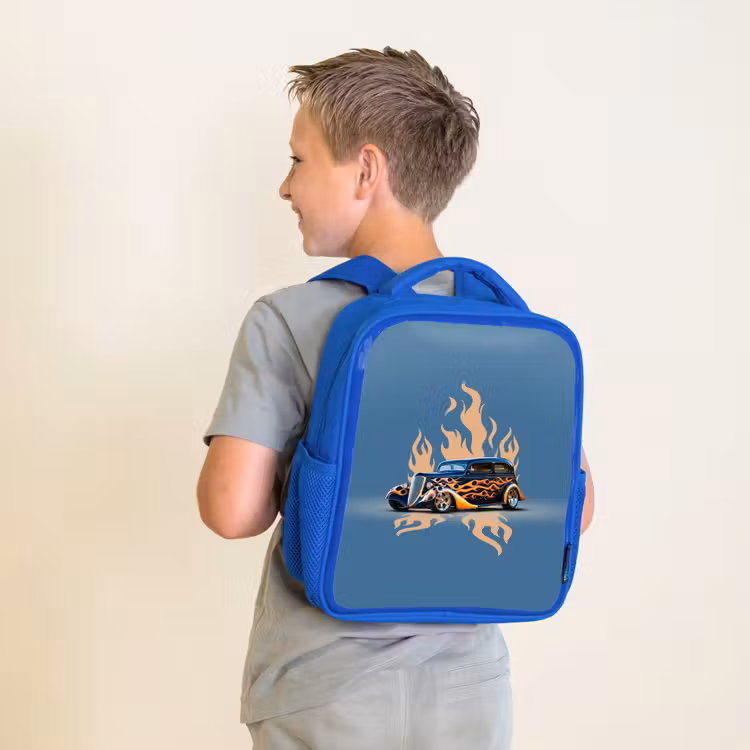 Sac à dos enfant - Bleu - Voiture noire avec flammes beiges — 2