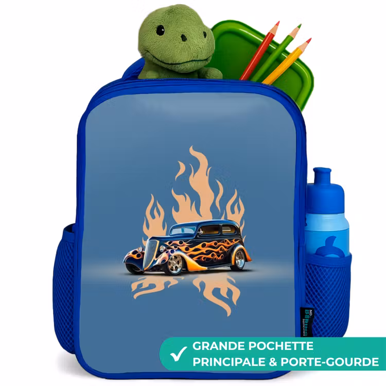 Sac à dos enfant - Bleu - Voiture noire avec flammes beiges — 5