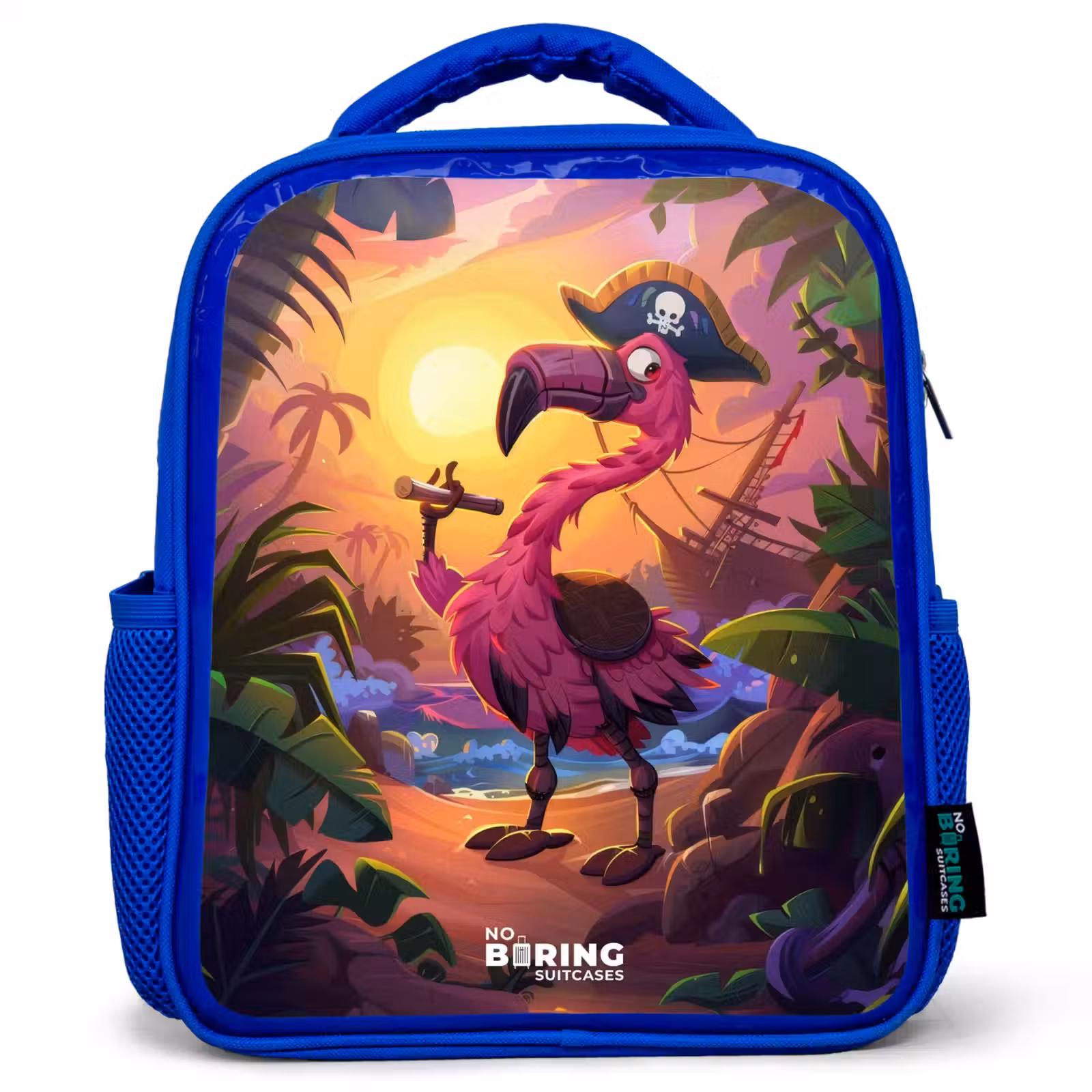 Sac à dos enfant - Bleu - Flamant pirate sur une piste tropicale — 1