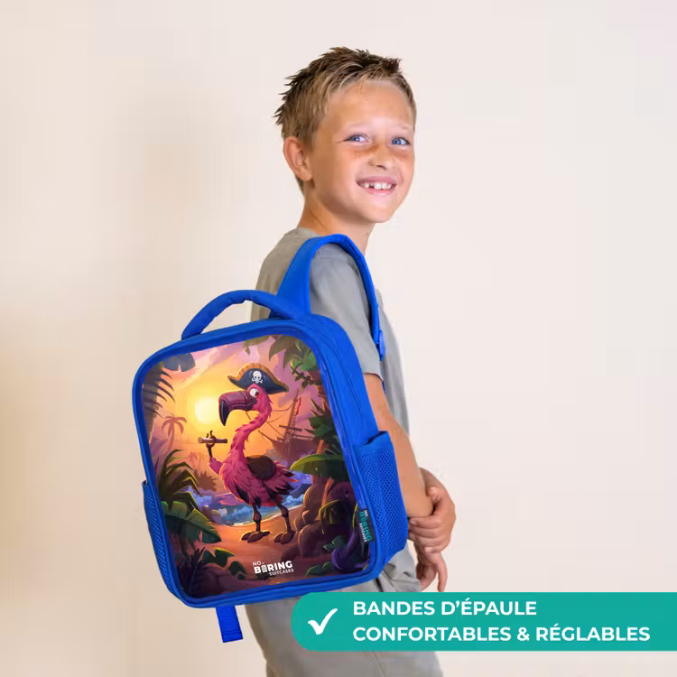 Sac à dos enfant - Bleu - Flamant pirate sur une piste tropicale — 4