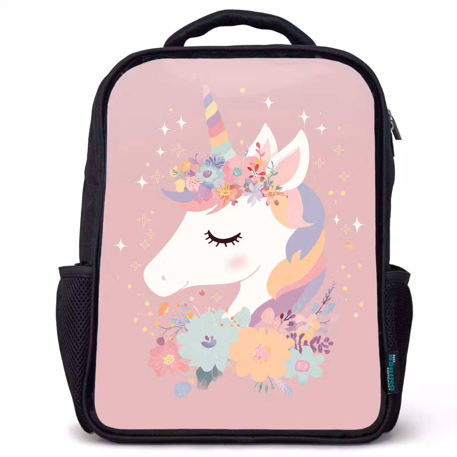Sac à dos enfant - Noir - Licorne - Rose - Fleurs — 1