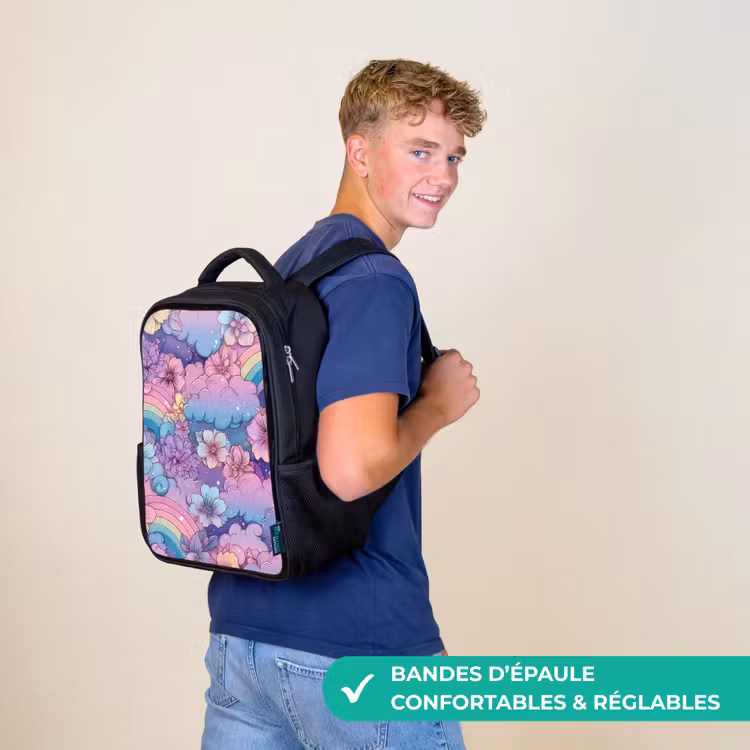 Sac à dos enfant - Noir - Arcs-en-ciel - Fleurs - Couleurs - Nuages — 11