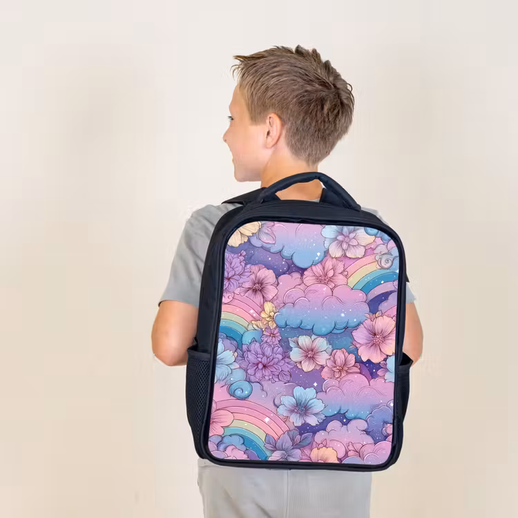 Sac à dos enfant - Noir - Arcs-en-ciel - Fleurs - Couleurs - Nuages — 2