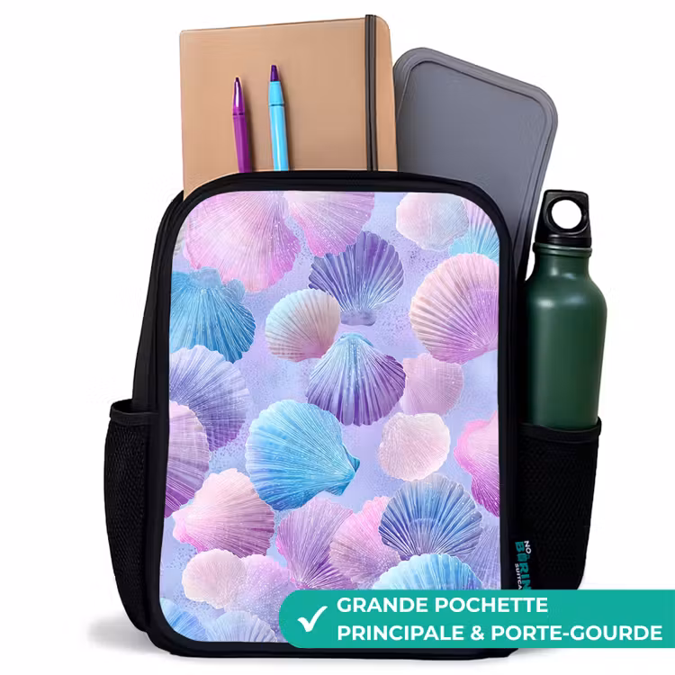 Sac à dos enfant - Noir - Coquillages - Violet - Bleu - Motif — 10