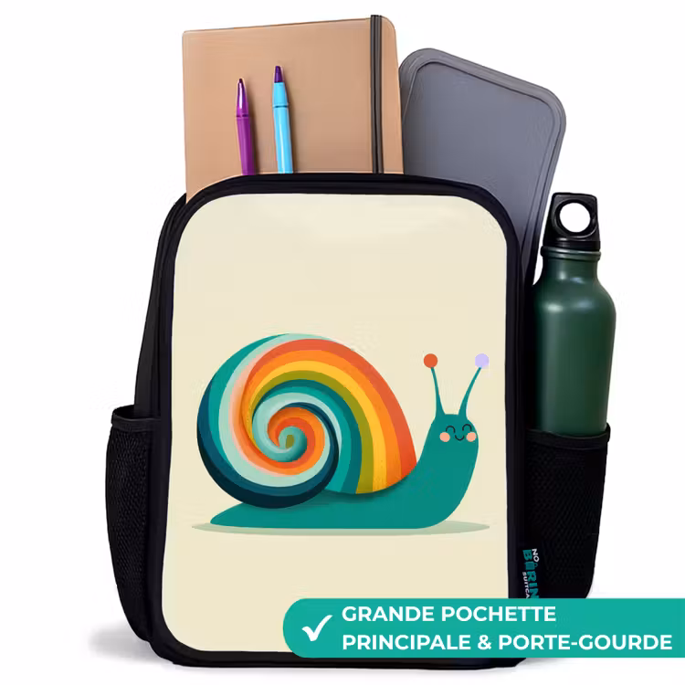 Sac à dos enfant - Noir - Escargot - Bouclier arc-en-ciel - Vert — 10