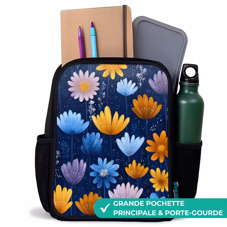 Sac à dos enfant - Noir - Fleurs - Motif - Bleu - Contraste — 10