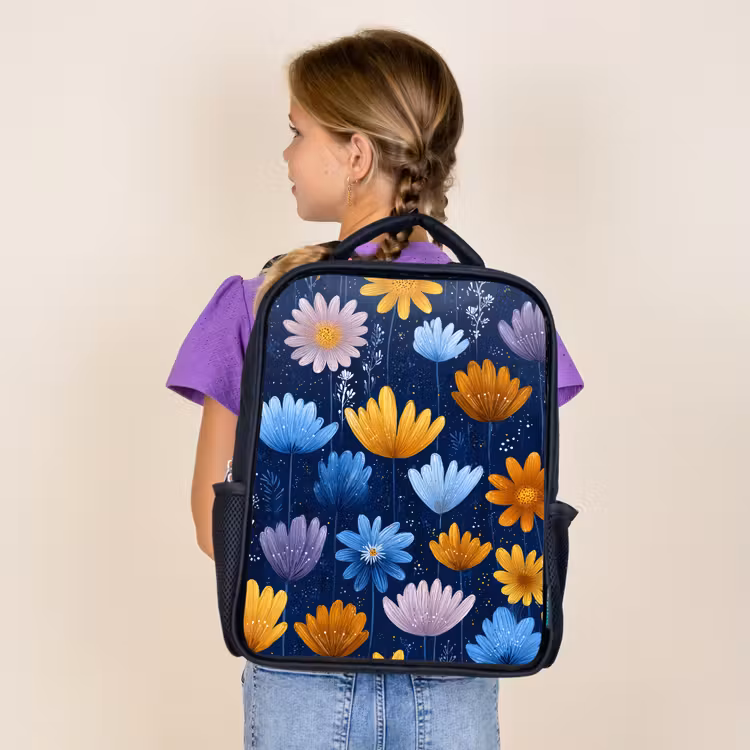 Sac à dos enfant - Noir - Fleurs - Motif - Bleu - Contraste — 4