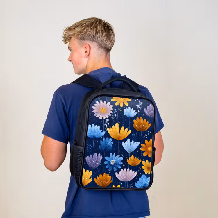 Sac à dos enfant - Noir - Fleurs - Motif - Bleu - Contraste — 5