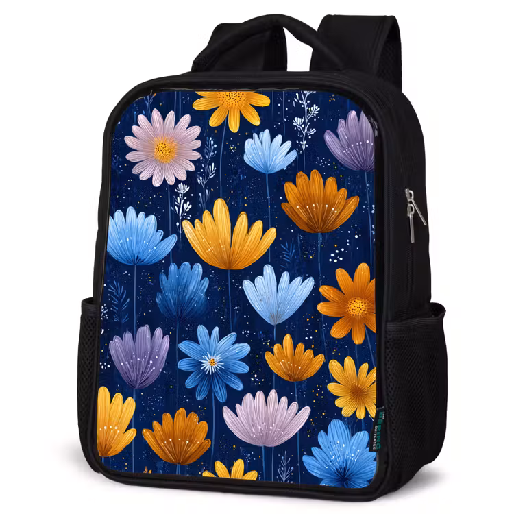 Sac à dos enfant - Noir - Fleurs - Motif - Bleu - Contraste — 6