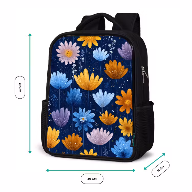 Sac à dos enfant - Noir - Fleurs - Motif - Bleu - Contraste — 8