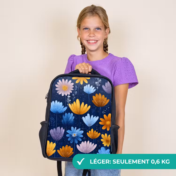 Sac à dos enfant - Noir - Fleurs - Motif - Bleu - Contraste — 9