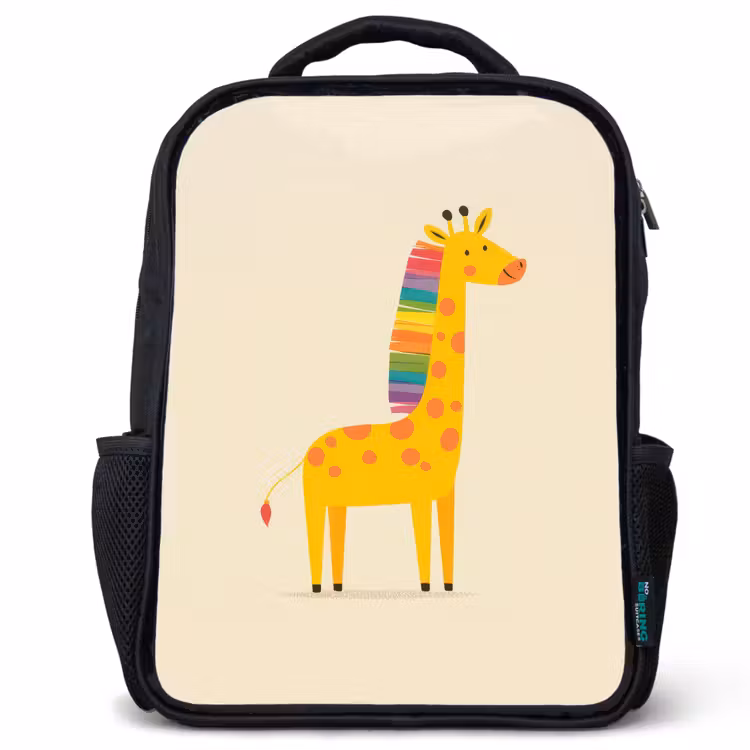 Sac à dos enfant - Noir - Girafe - Crinière arc-en-ciel - Beige — 1